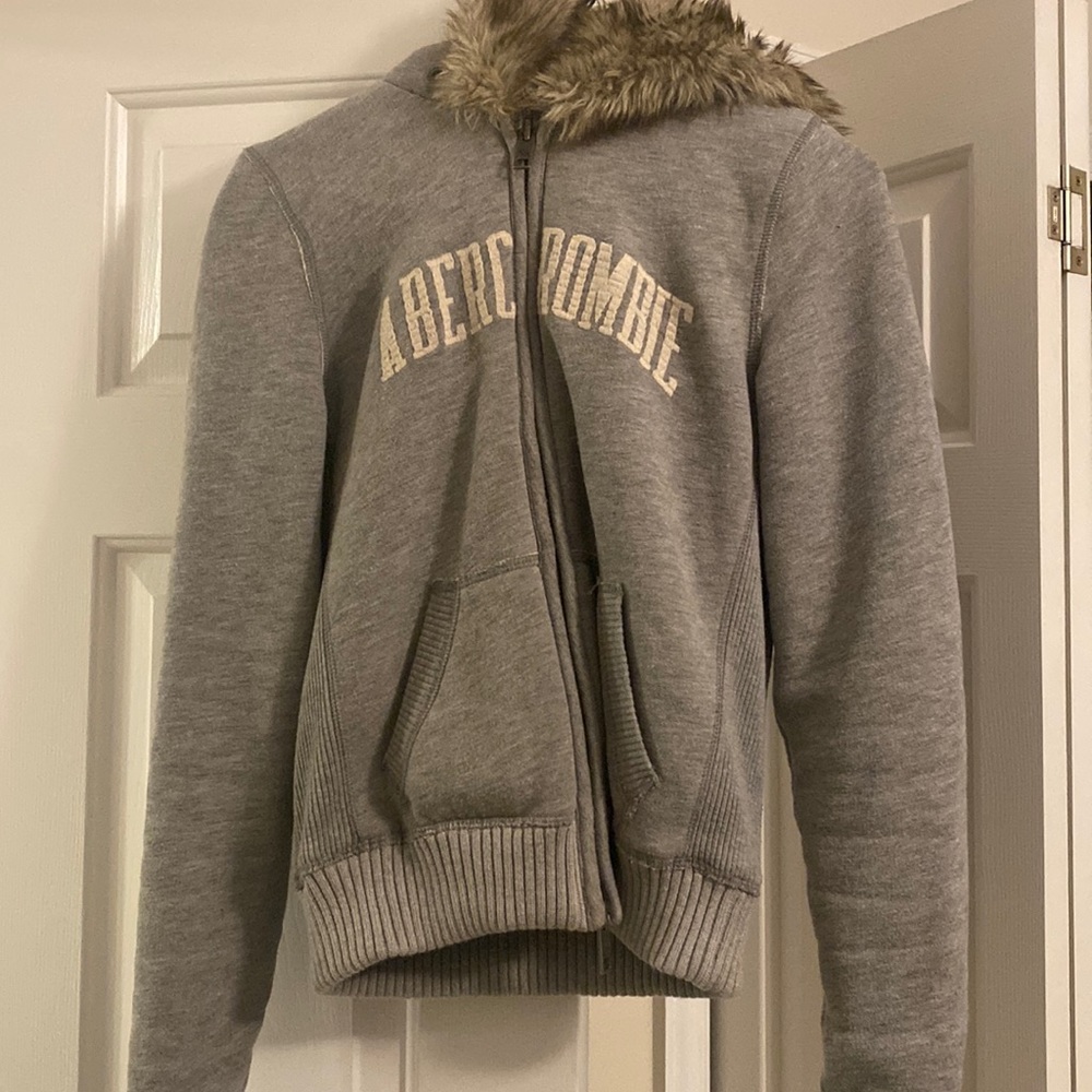 Abercrombie & Fitch Gray Hoodie Jacket with Fur Trim
